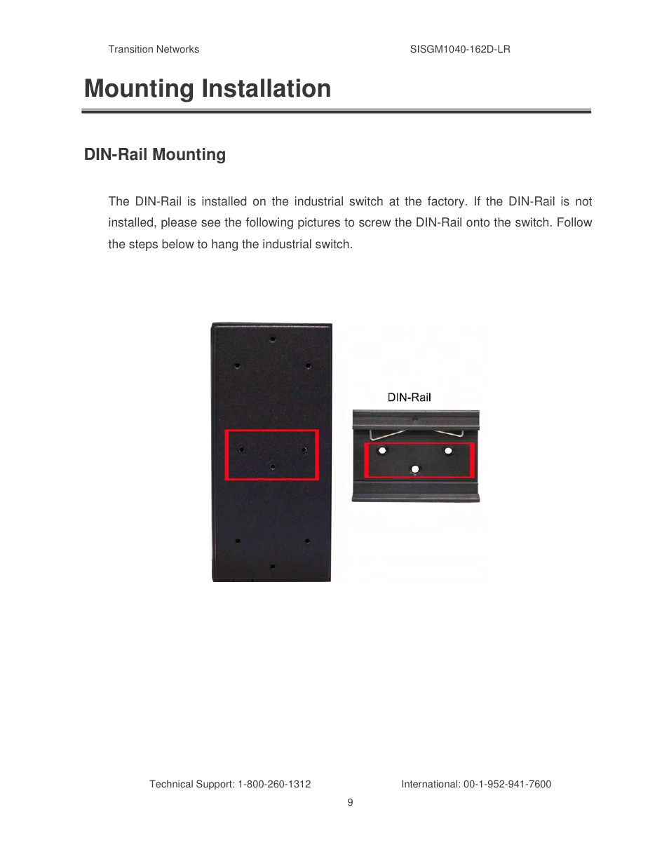 Mounting installation, Din-rail mounting | Transition Networks SISGM1040-162D User Manual | Page 16 / 132