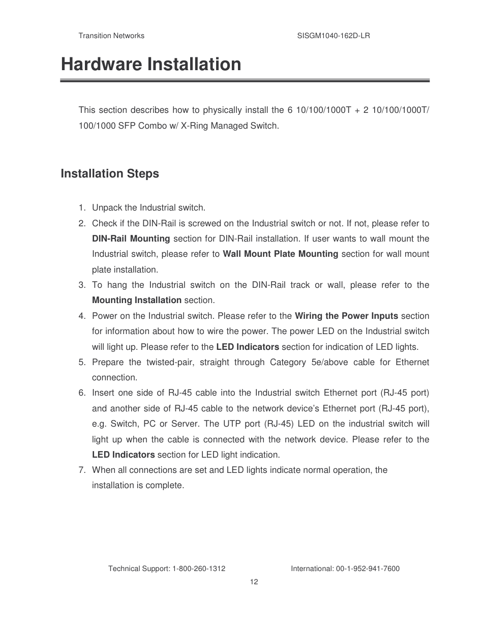 Hardware installation, Installation steps | Transition Networks SISGM1040-162D User Manual | Page 19 / 132
