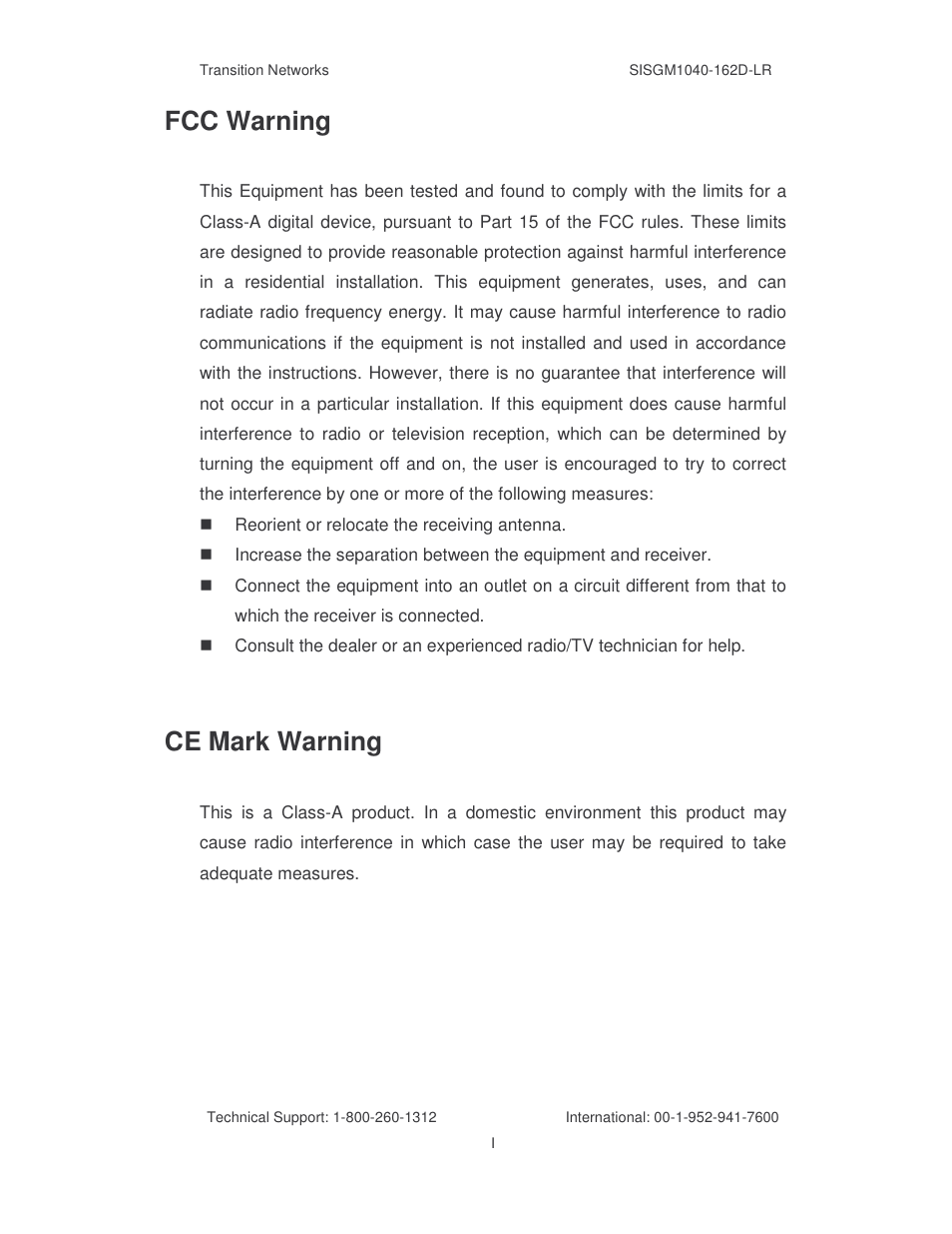 Fcc warning, Ce mark warning | Transition Networks SISGM1040-162D User Manual | Page 3 / 132