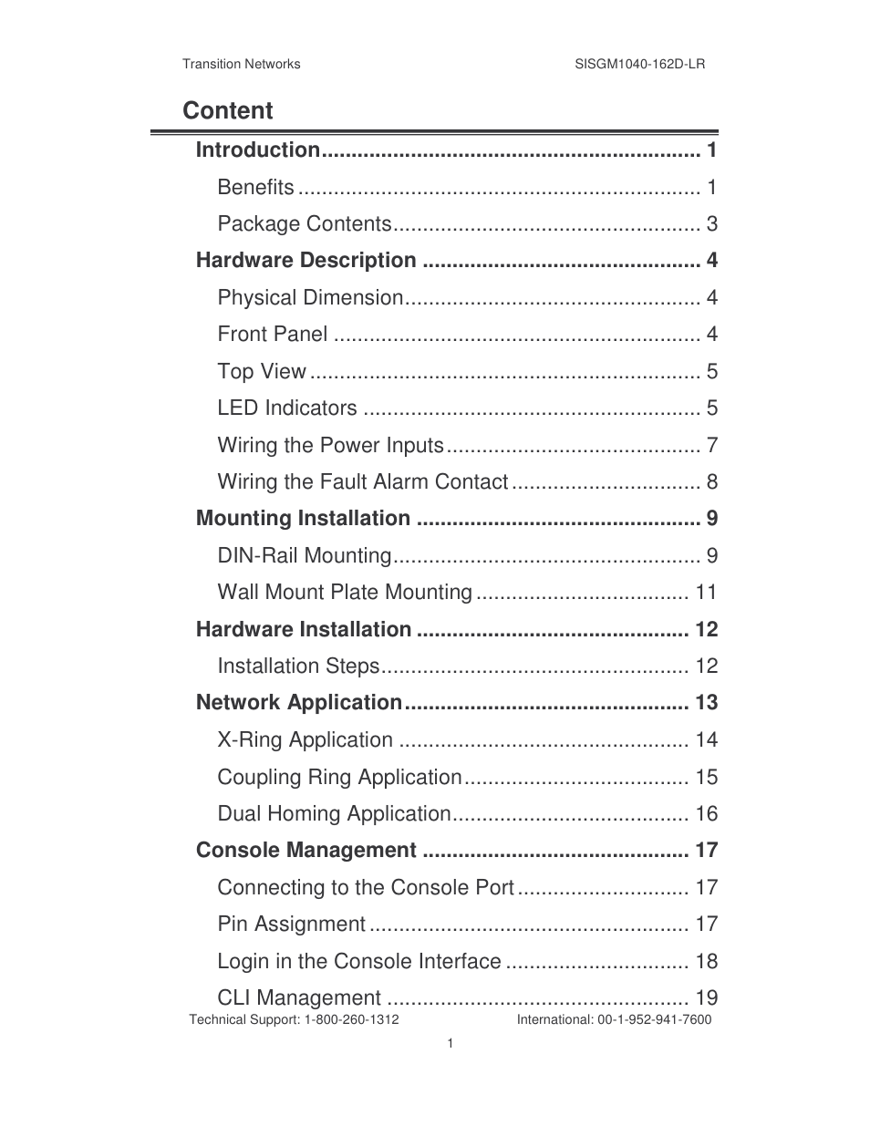 Content, Introduction, Benefits | Package contents, Hardware description, Physical dimension, Front panel, Top view, Led indicators, Wiring the power inputs | Transition Networks SISGM1040-162D User Manual | Page 4 / 132