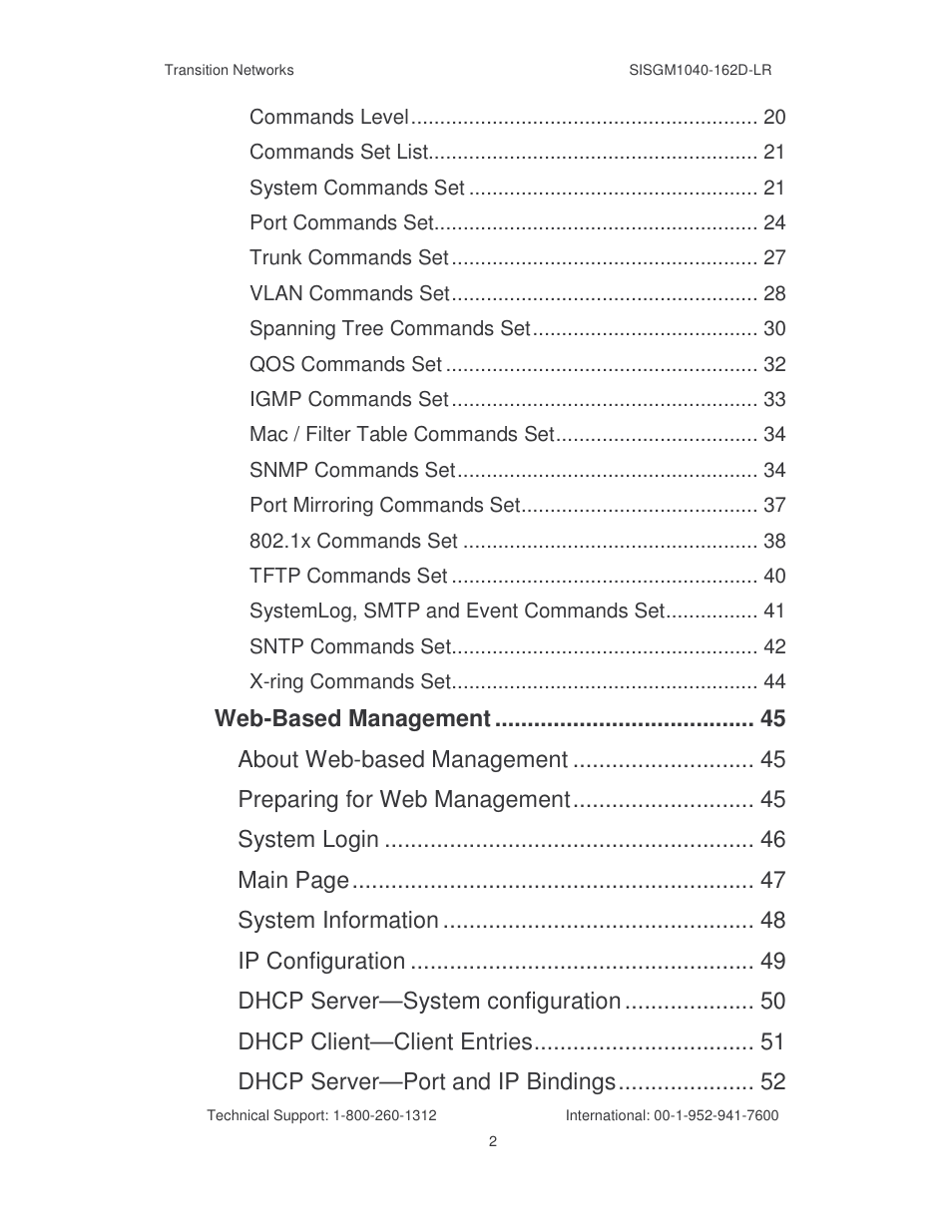 Web-based management, About web-based management, Preparing for web management | System login, Main page, System information, Ip configuration, Dhcp server—system configuration, Dhcp client—client entries, Dhcp server—port and ip bindings | Transition Networks SISGM1040-162D User Manual | Page 5 / 132