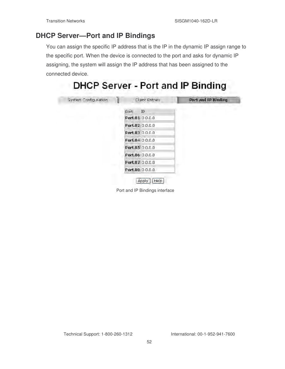 Dhcp server—port and ip bindings | Transition Networks SISGM1040-162D User Manual | Page 59 / 132