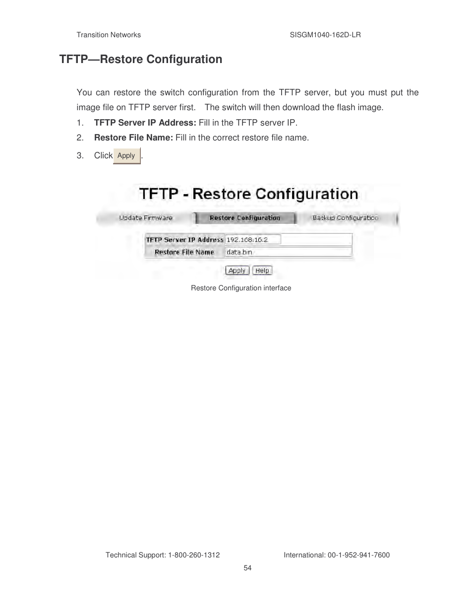 Tftp—restore configuration | Transition Networks SISGM1040-162D User Manual | Page 61 / 132