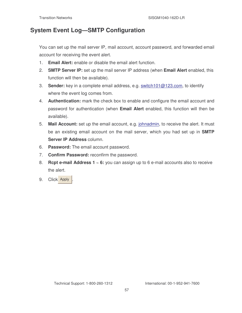 System event log—smtp configuration | Transition Networks SISGM1040-162D User Manual | Page 64 / 132