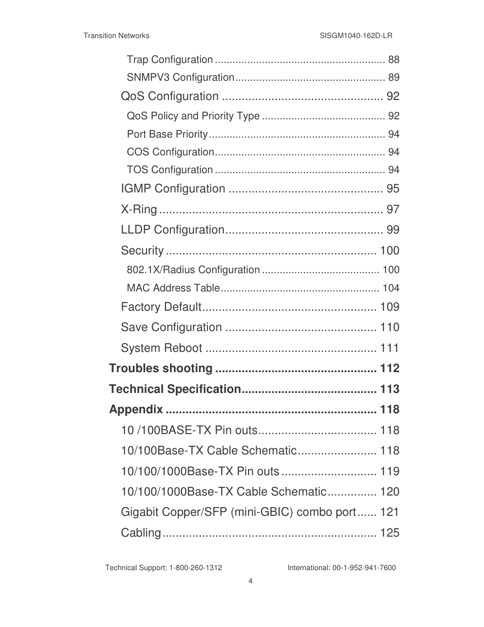 Qos configuration, Igmp configuration, X-ring | Lldp configuration, Security, Factory default, Save configuration, System reboot, Troubles shooting, Technical specification | Transition Networks SISGM1040-162D User Manual | Page 7 / 132