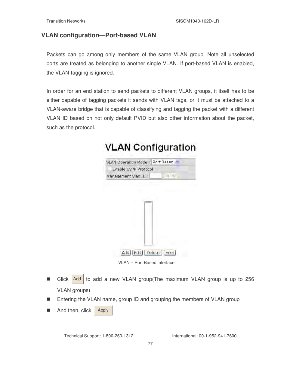 Vlan configuration—port-based vlan | Transition Networks SISGM1040-162D User Manual | Page 84 / 132