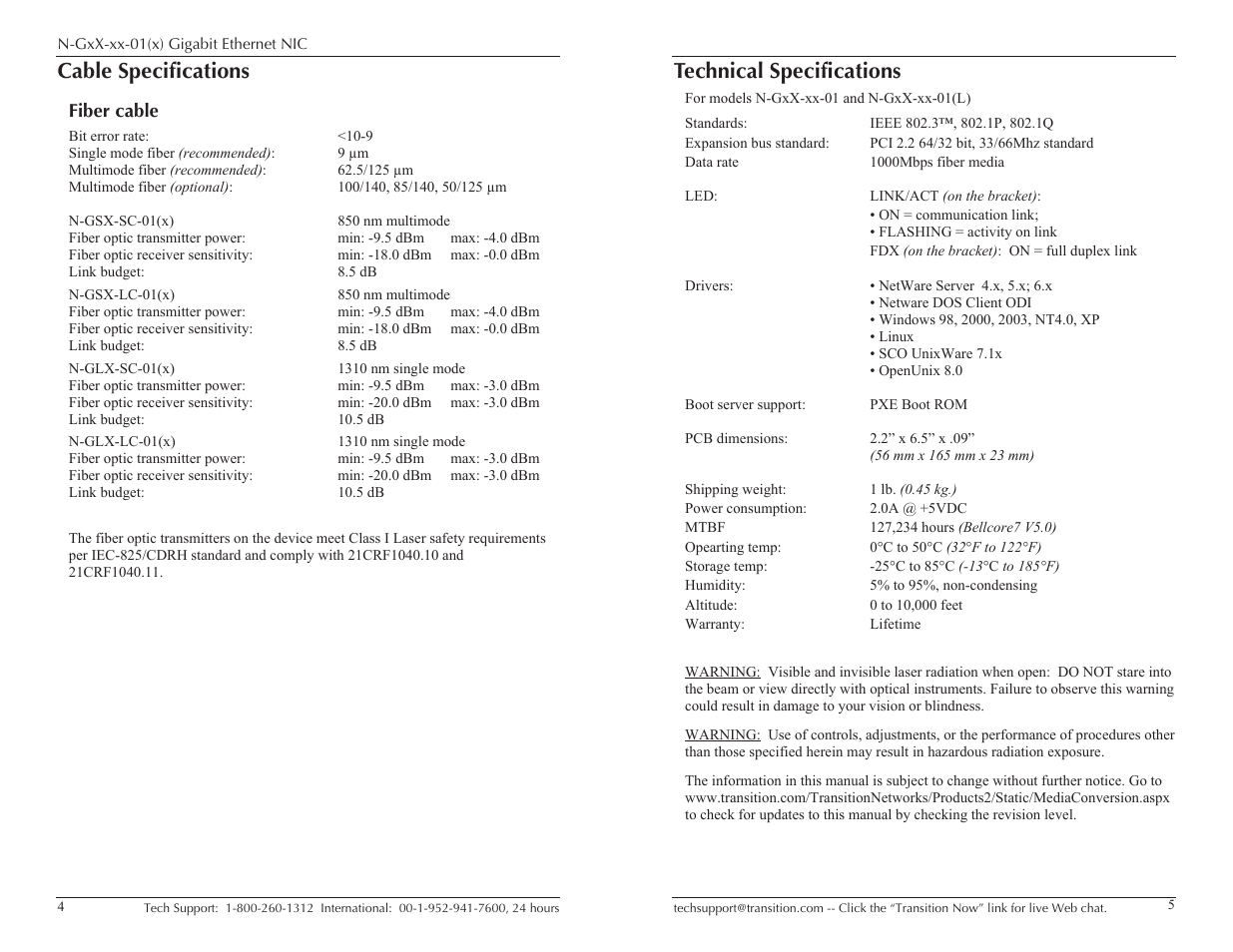 Cable specifications, Technical specifications | Transition Networks N-GXX-XX-01(L) User Manual | Page 3 / 5