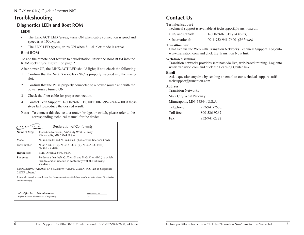 Troubleshooting, Contact us, Diagnostics leds and boot rom | Transition Networks N-GXX-XX-01(L) User Manual | Page 4 / 5