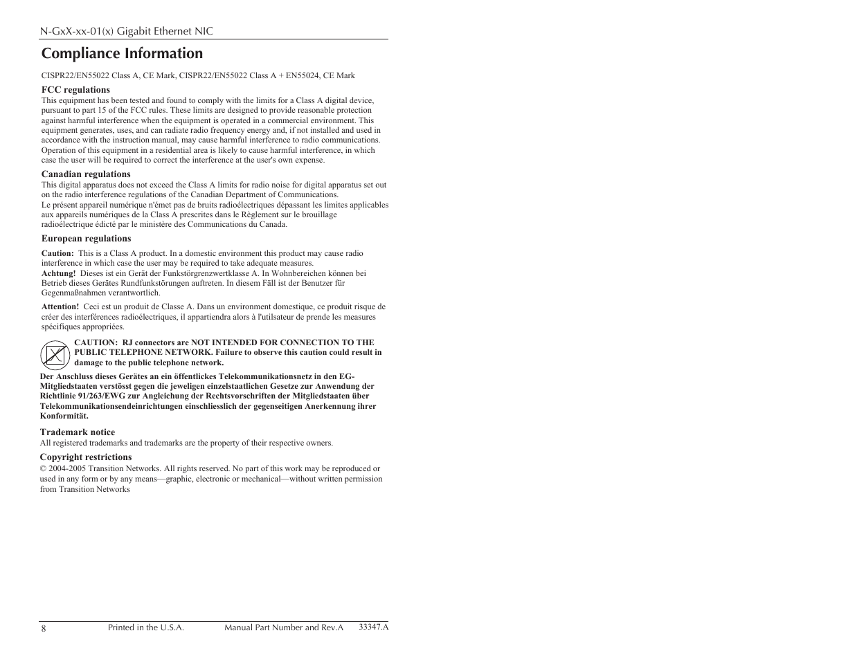 Compliance information | Transition Networks N-GXX-XX-01(L) User Manual | Page 5 / 5