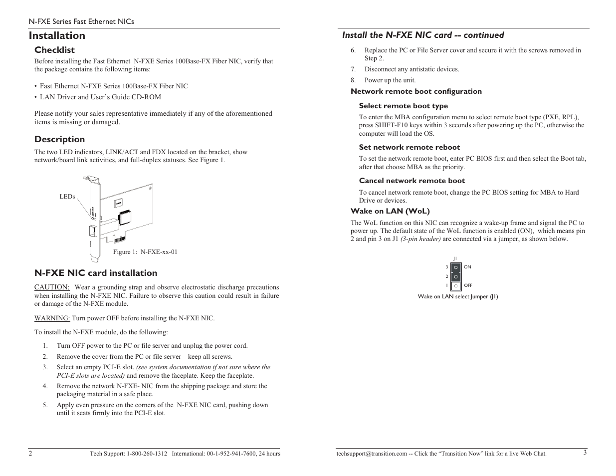 Installation, Checklist, Description | N-fxe nic card installation, Install the n-fxe nic card -- continued | Transition Networks Transition NFXEXXX01 User Manual | Page 2 / 5