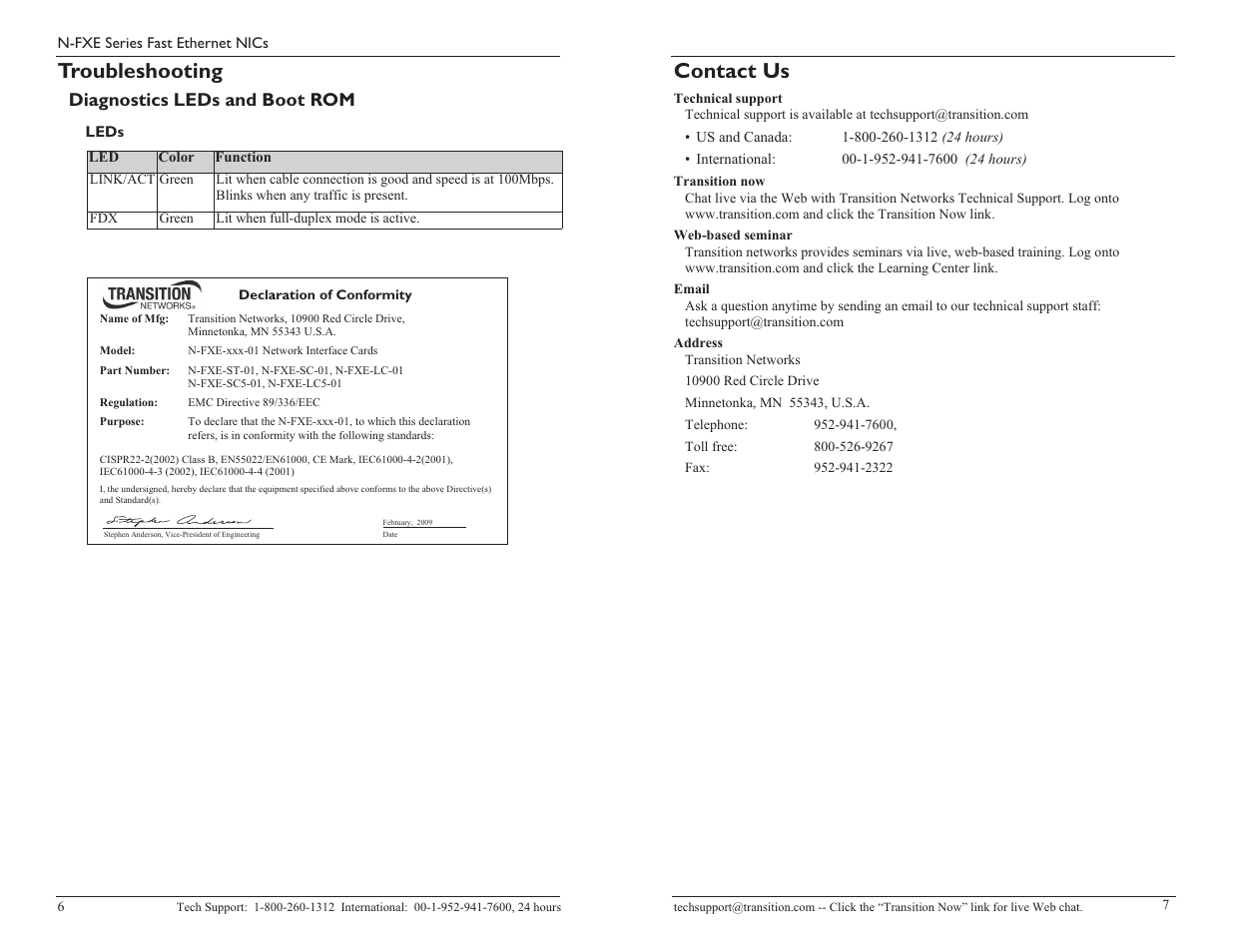 Troubleshooting, Contact us, Diagnostics leds and boot rom | Transition Networks Transition NFXEXXX01 User Manual | Page 4 / 5