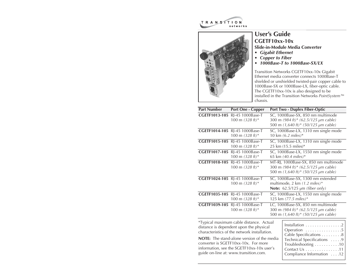 Transition Networks CGETF10XX-10X User Manual | 7 pages