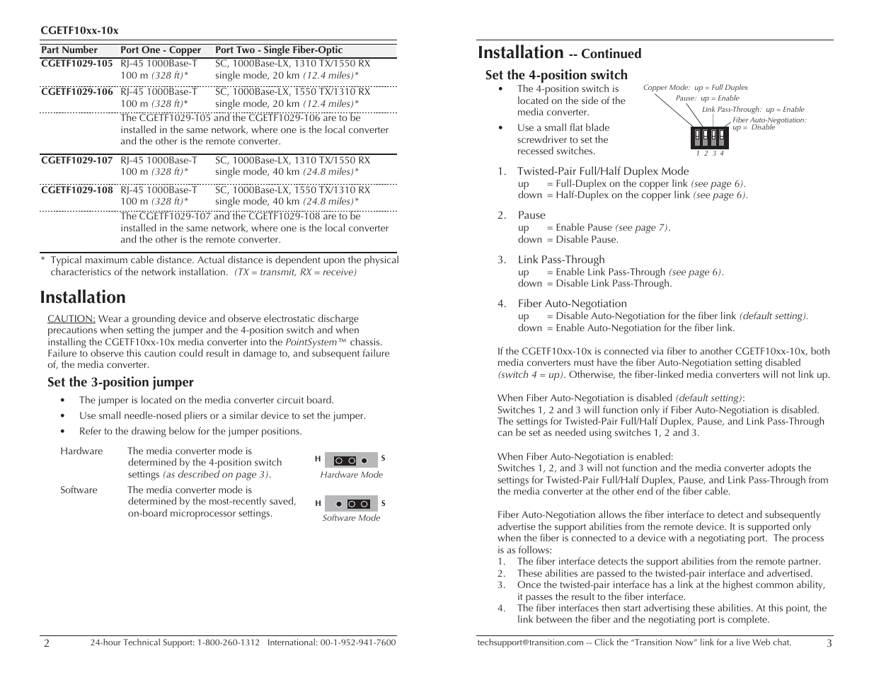 Installation, Set the 3-position jumper, Continued set the 4-position switch | Transition Networks CGETF10XX-10X User Manual | Page 2 / 7