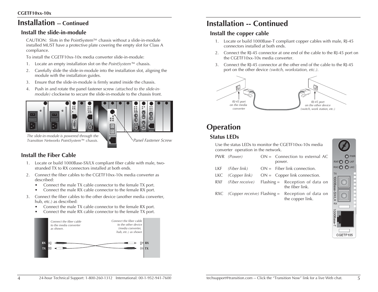 Installation, Installation -- continued, Operation | Continued install the slide-in-module, Install the fiber cable, 050½ link alert e d, Lks pwr lkm, Term init rx tx lnk pwr, Install the copper cable, Status leds | Transition Networks CGETF10XX-10X User Manual | Page 3 / 7