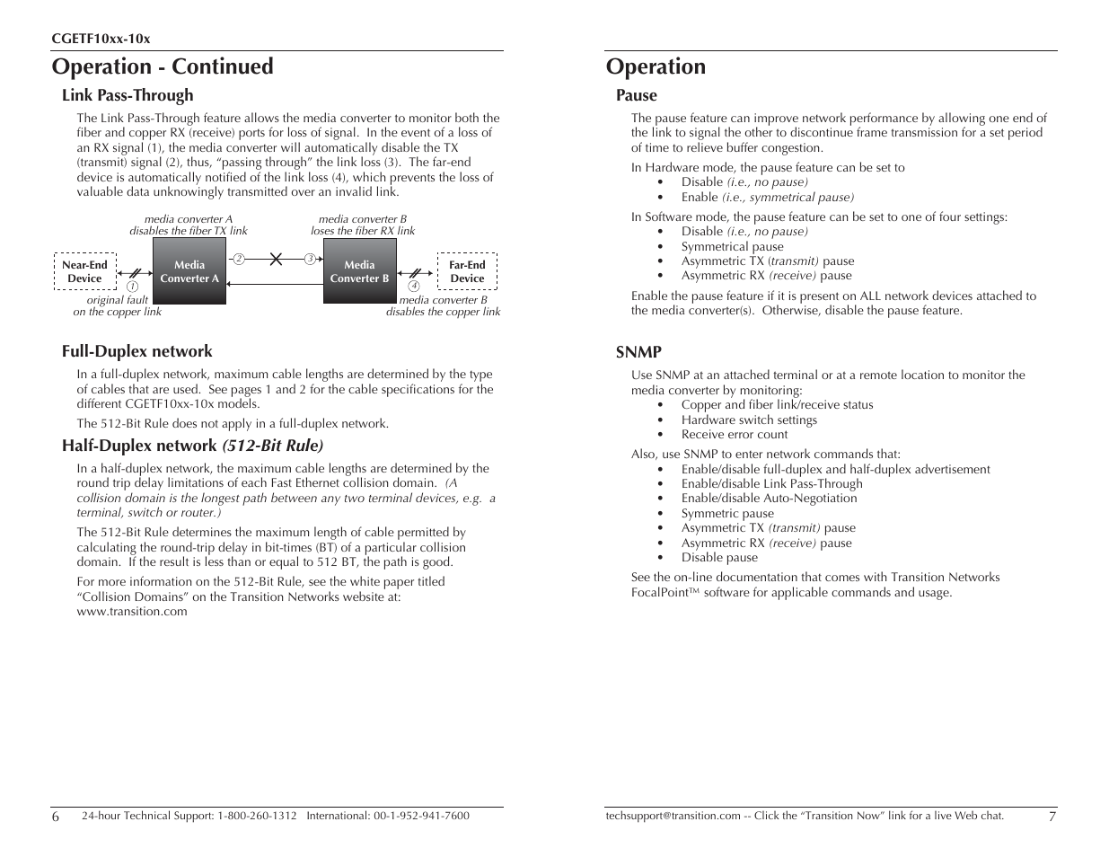 Operation - continued, Operation, Link pass-through | Full-duplex network, Half-duplex network (512-bit rule), Snmp, Pause | Transition Networks CGETF10XX-10X User Manual | Page 4 / 7