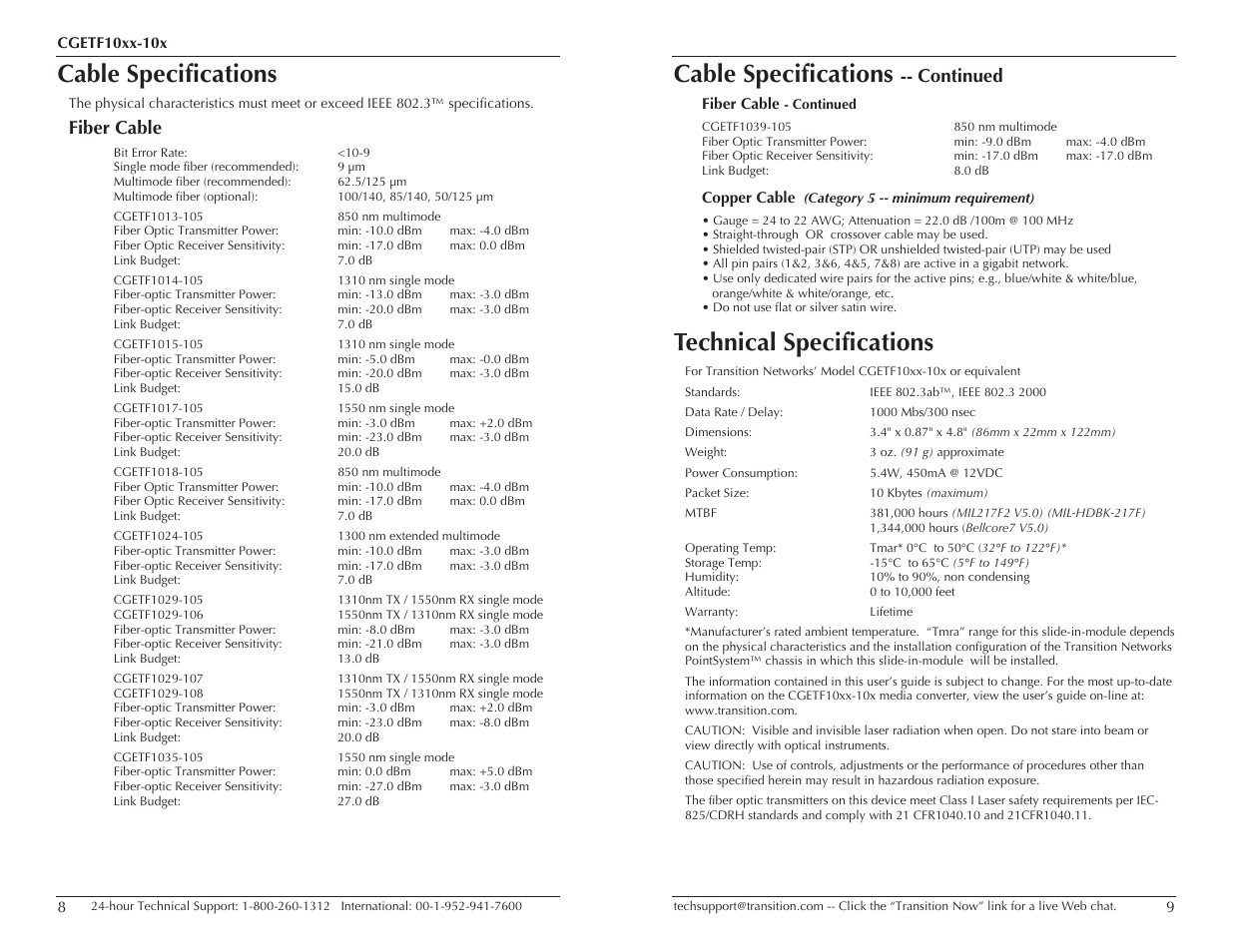 Cable specifications, Technical specifications, Fiber cable | Continued | Transition Networks CGETF10XX-10X User Manual | Page 5 / 7