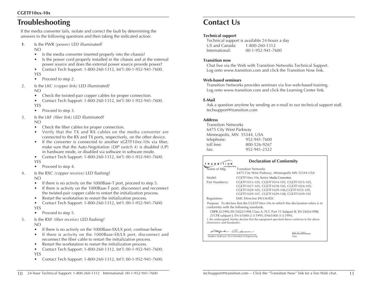 Troubleshooting, Contact us | Transition Networks CGETF10XX-10X User Manual | Page 6 / 7
