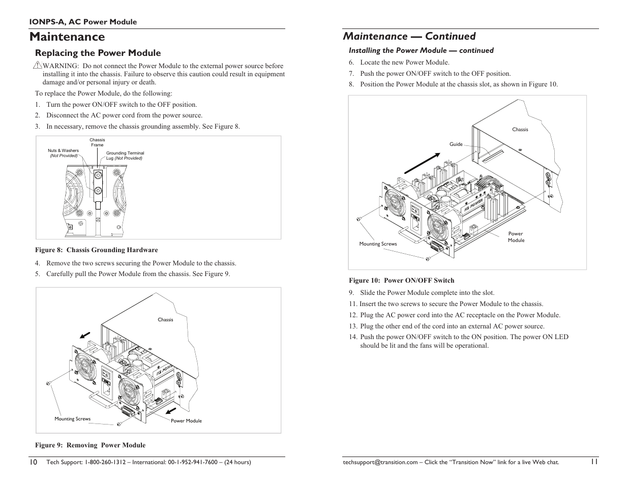 Maintenance, Maintenance — continued, Replacing the power module | Transition Networks 33423.A User Manual | Page 6 / 9