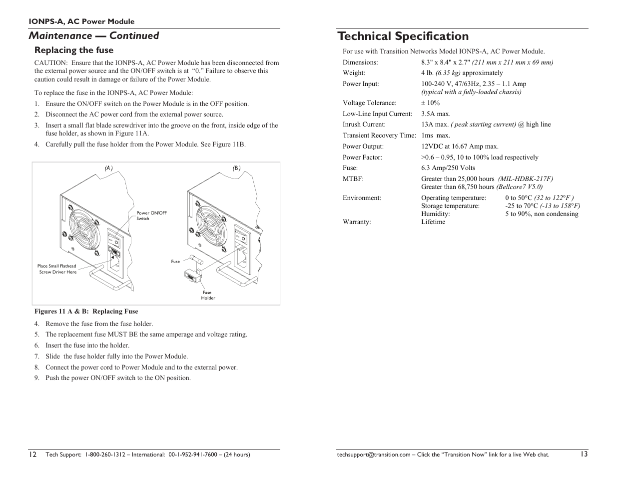 Technical specification, Maintenance — continued, Replacing the fuse | Transition Networks 33423.A User Manual | Page 7 / 9