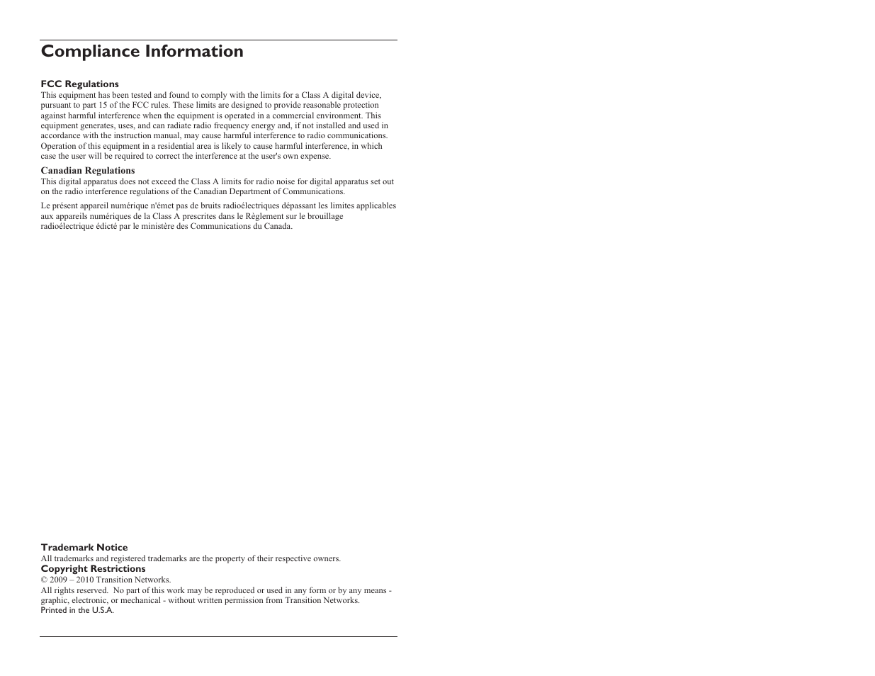 Compliance information | Transition Networks 33423.A User Manual | Page 9 / 9