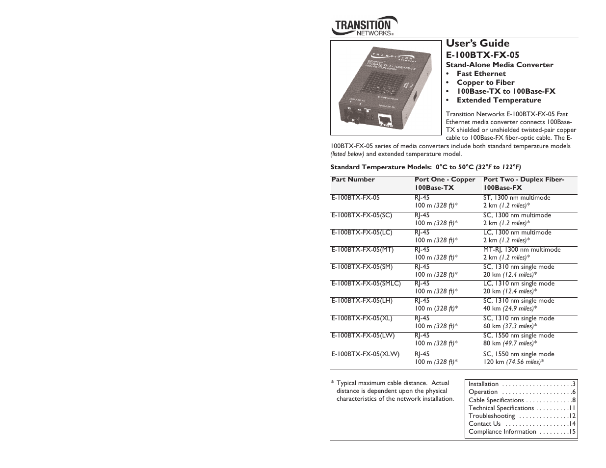 Transition Networks E-100BTX-FX-05 User Manual | 9 pages