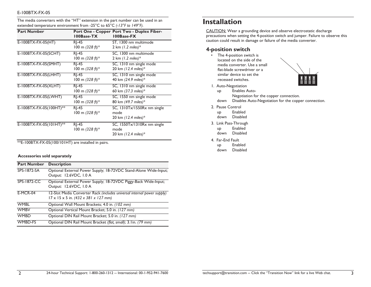 Installation, Position switch | Transition Networks E-100BTX-FX-05 User Manual | Page 2 / 9