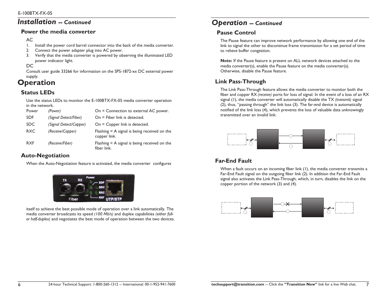 Installation, Operation, Continued power the media converter | Status leds, Auto-negotiation, Continued pause control, Link pass-through, Far-end fault | Transition Networks E-100BTX-FX-05 User Manual | Page 4 / 9