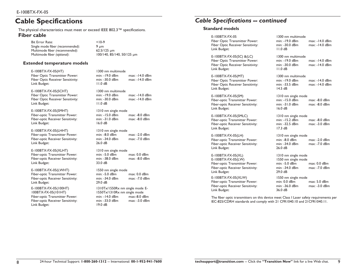 Cable specifications, Cable specifications -- continued, Fiber cable | Transition Networks E-100BTX-FX-05 User Manual | Page 5 / 9