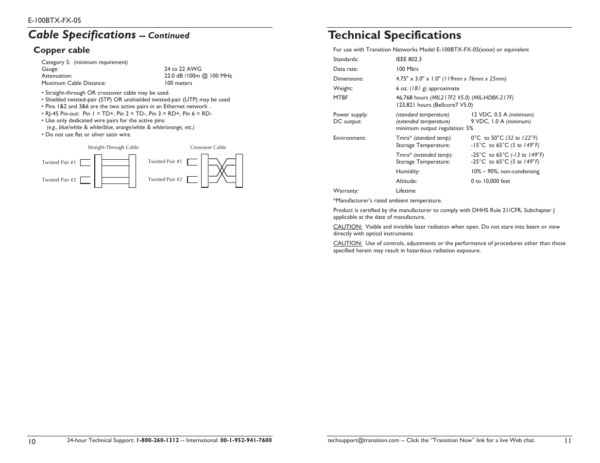 Cable specifications, Technical specifications, Continued copper cable | Transition Networks E-100BTX-FX-05 User Manual | Page 6 / 9