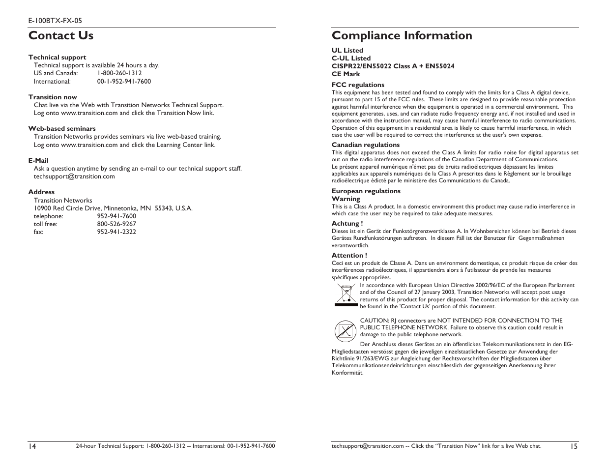Contact us, Compliance information | Transition Networks E-100BTX-FX-05 User Manual | Page 8 / 9