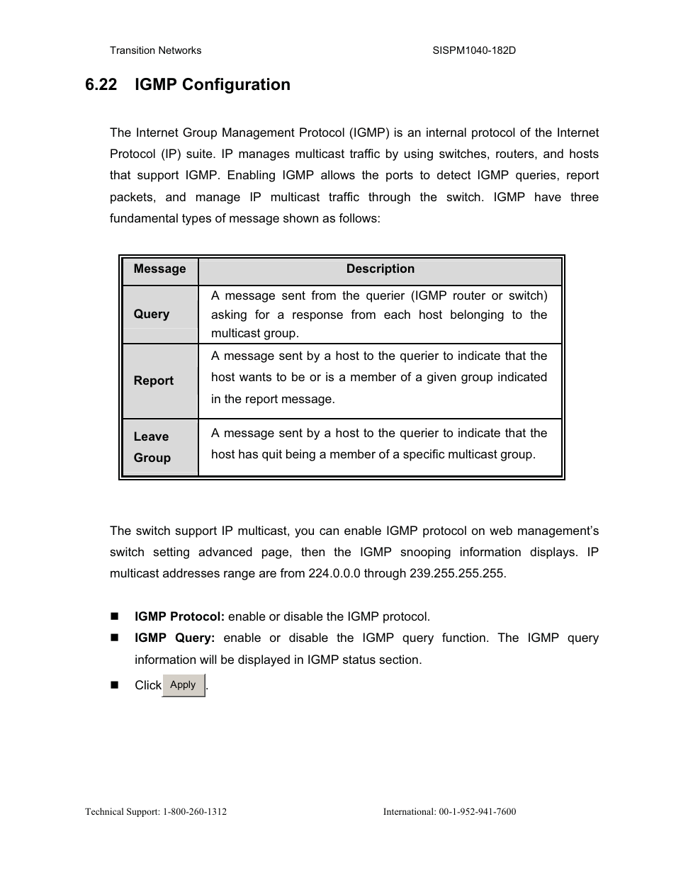 22 igmp configuration | Transition Networks SISPM1040-182D User Manual | Page 108 / 157