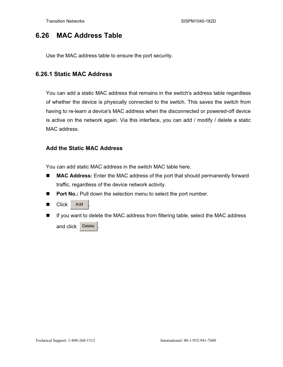 26 mac address table, 1 static mac address | Transition Networks SISPM1040-182D User Manual | Page 118 / 157