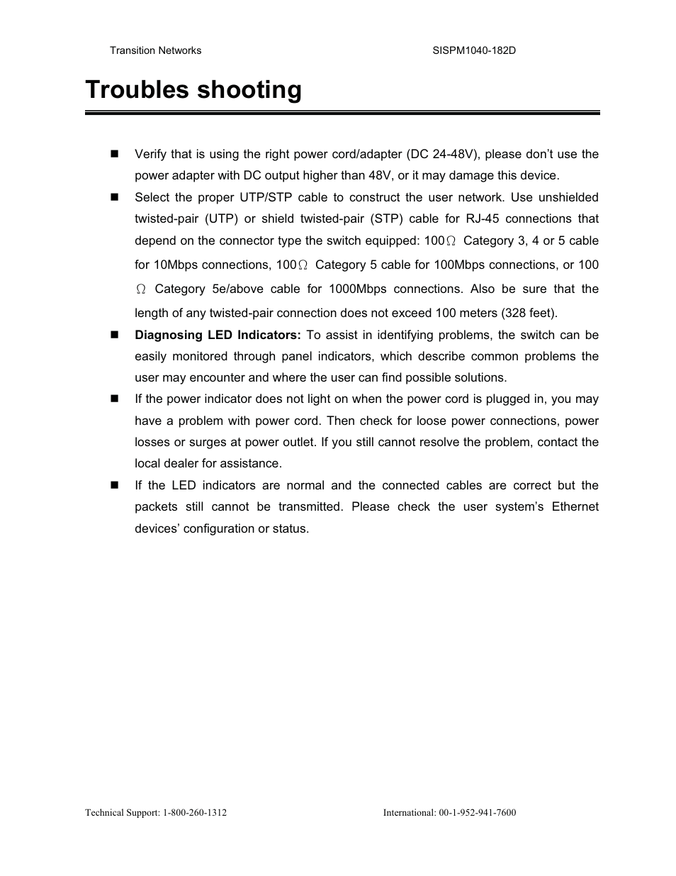 Troubles shooting | Transition Networks SISPM1040-182D User Manual | Page 128 / 157