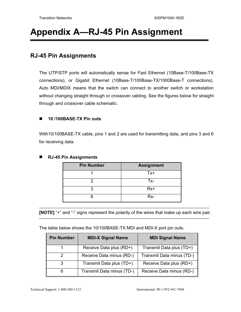 Appendix a—rj-45 pin assignment, Rj-45 pin assignments | Transition Networks SISPM1040-182D User Manual | Page 129 / 157