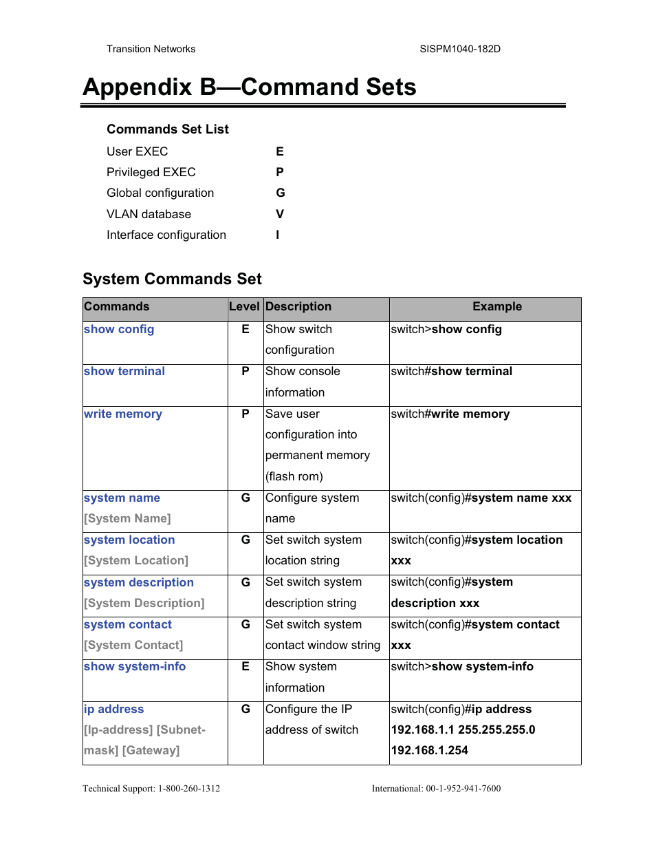 Appendix b—command sets, System commands set | Transition Networks SISPM1040-182D User Manual | Page 134 / 157