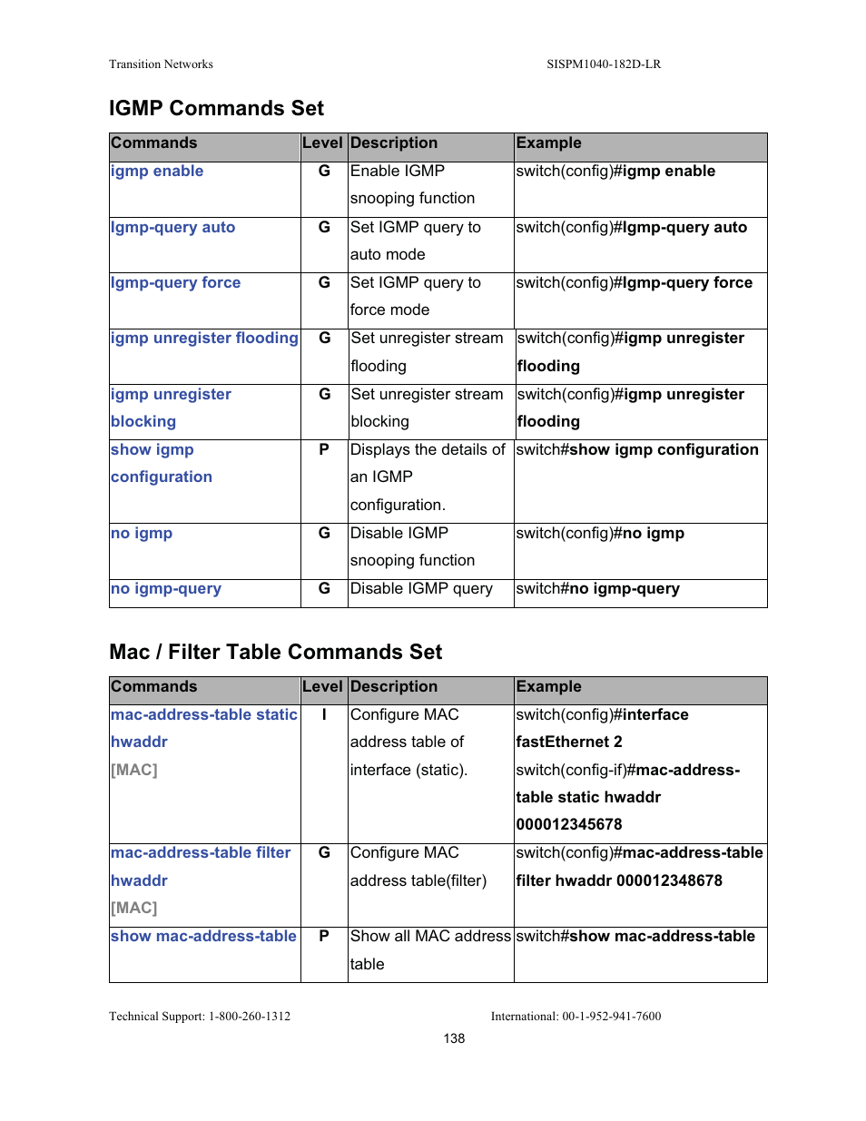 Igmp commands set, Mac / filter table commands set | Transition Networks SISPM1040-182D User Manual | Page 146 / 157