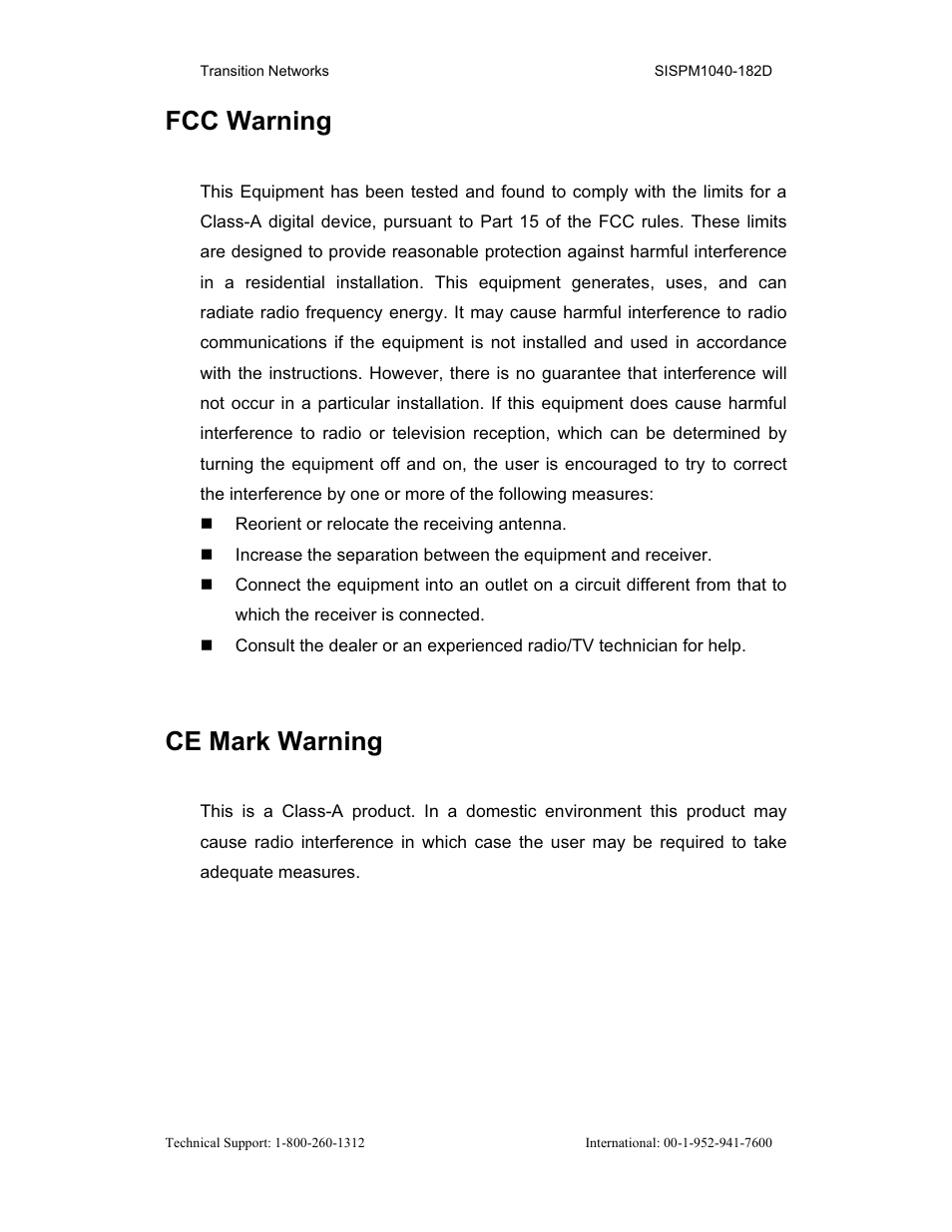 Fcc warning, Ce mark warning | Transition Networks SISPM1040-182D User Manual | Page 4 / 157