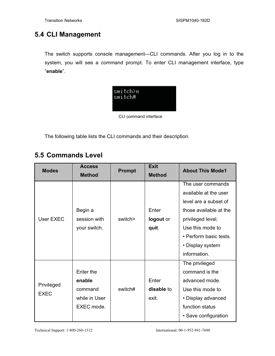 4 cli management, 5 commands level | Transition Networks SISPM1040-182D User Manual | Page 40 / 157