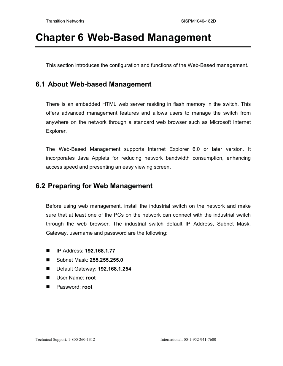 Chapter 6 web-based management, 1 about web-based management, 2 preparing for web management | Transition Networks SISPM1040-182D User Manual | Page 42 / 157