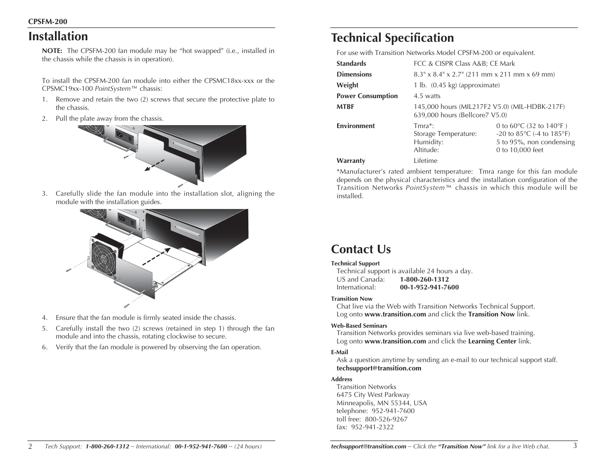 Installation, Contact us, Technical specification | Transition Networks CPSFM-200 User Manual | Page 2 / 3