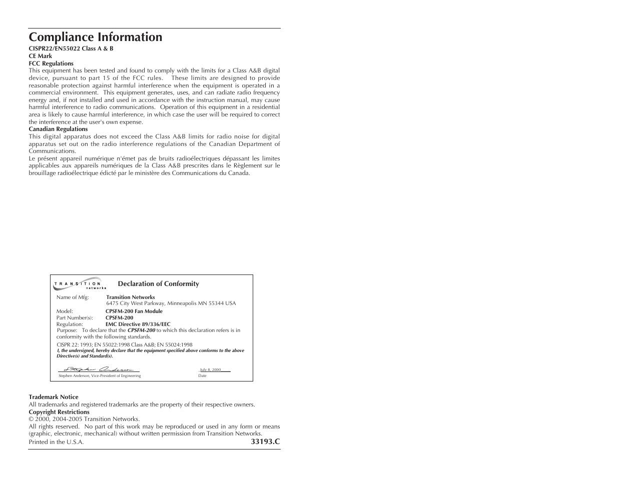 Compliance information | Transition Networks CPSFM-200 User Manual | Page 3 / 3