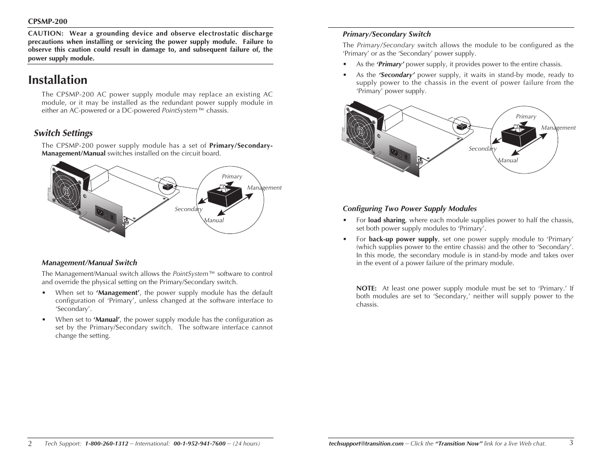 Installation, Switch settings | Transition Networks CPSMP-200 User Manual | Page 2 / 7