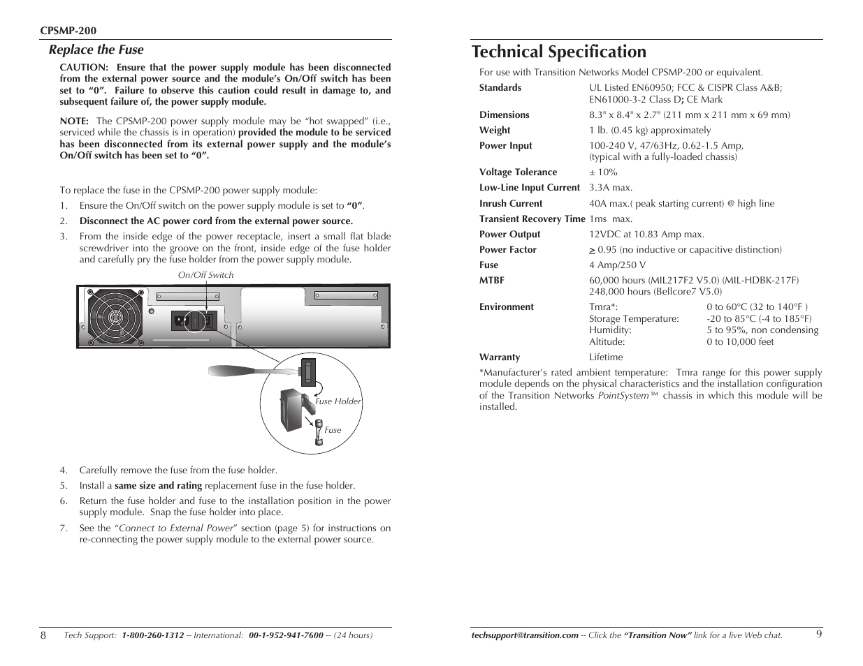 Technical specification, Replace the fuse | Transition Networks CPSMP-200 User Manual | Page 5 / 7