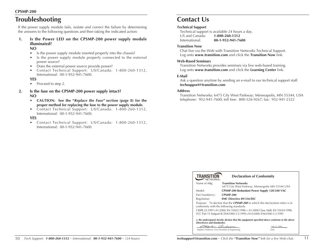 Troubleshooting, Contact us | Transition Networks CPSMP-200 User Manual | Page 6 / 7