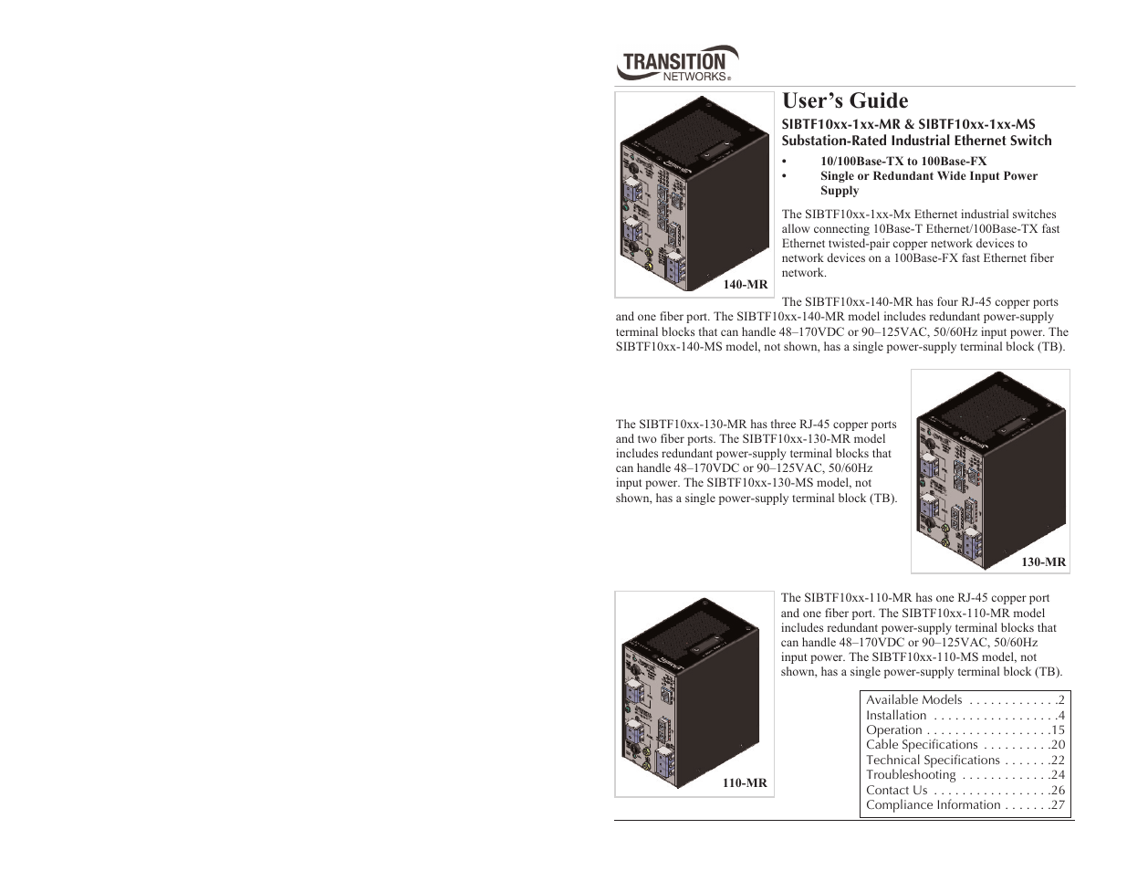 Transition Networks Substation-Rated Industrial Ethernet SUBTF10XX-1XX-MX User Manual | 15 pages
