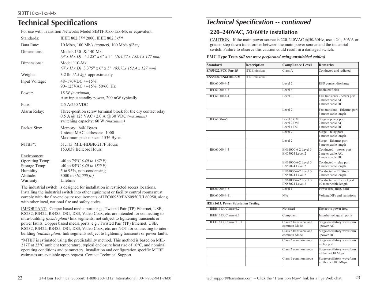 Technical specifications, Technical specification -- continued | Transition Networks Substation-Rated Industrial Ethernet SUBTF10XX-1XX-MX User Manual | Page 12 / 15