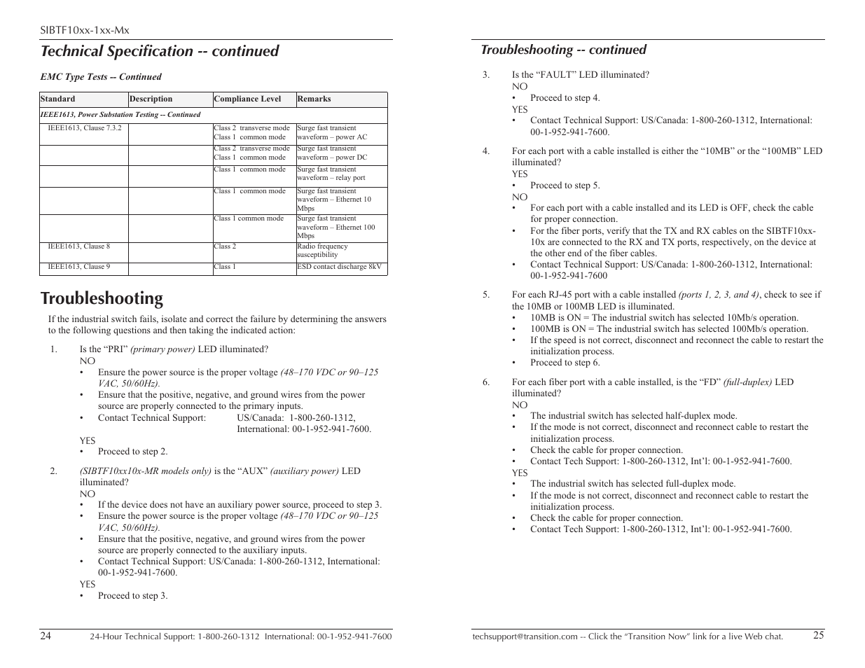 Troubleshooting, Technical specification -- continued, Troubleshooting -- continued | Transition Networks Substation-Rated Industrial Ethernet SUBTF10XX-1XX-MX User Manual | Page 13 / 15