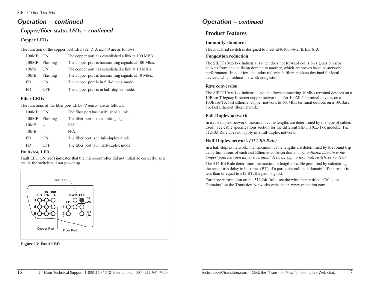 Operation -- continued, Operation, Copper/fiber status leds -- continued | Continued product features | Transition Networks Substation-Rated Industrial Ethernet SUBTF10XX-1XX-MX User Manual | Page 9 / 15