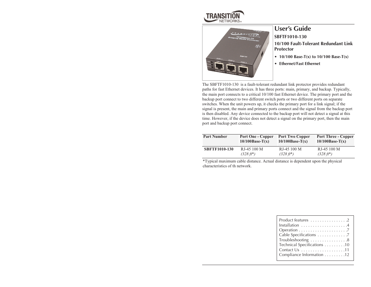 Transition Networks SBFTF1010-130 User Manual | 7 pages