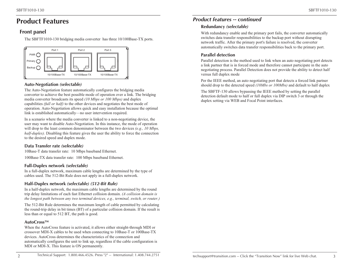 Product features, Front panel, Product features -- continued | Transition Networks SBFTF1010-130 User Manual | Page 2 / 7